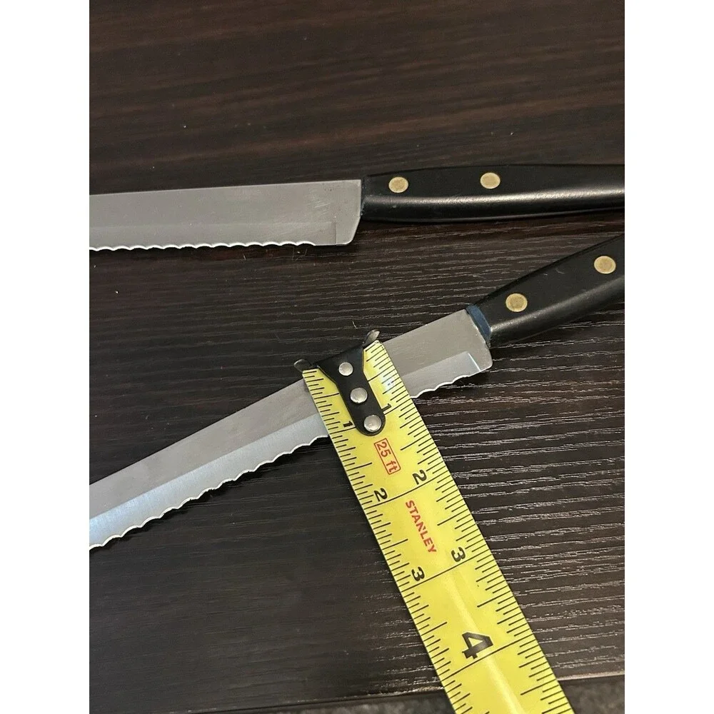 Lot of 2 Lucerne Stainless Steel Serrated Steak Knives Black Rivet Handles USA